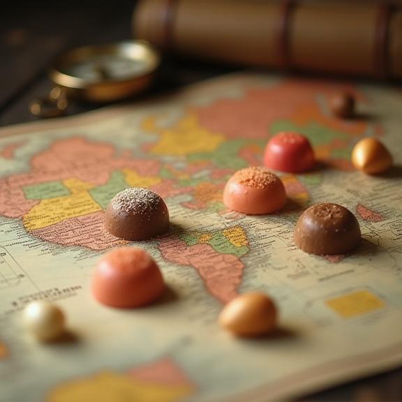 Et stemningsfuldt billede af et gammelt verdenskort med forskellige slags slik placeret på det.